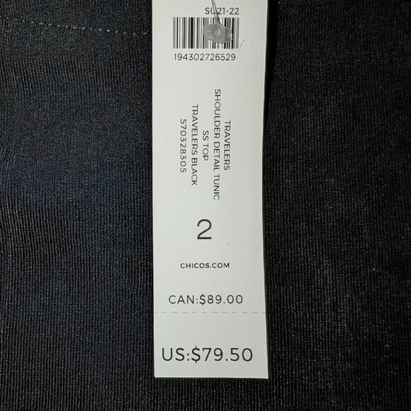 NWT Chico's Black Sing Cold Shoulder Top Womens 2 Short Sleeve Shirt - Picture 10 of 10